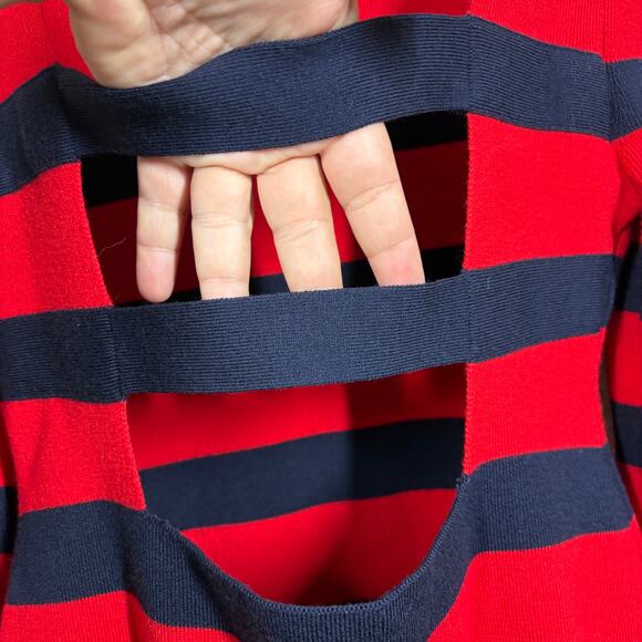 Monse Large Striped Cut Out Knit Mini Dress Red Black Wool Blend Long Sleeves - Picture 8 of 11